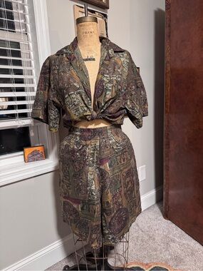 Vintage Jane Ashley Set - Retro Print High-Waist Shorts & Shirt